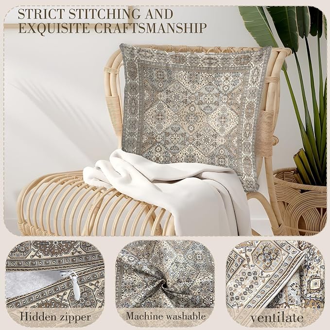 Boho Floral Throw Pillow Covers 26x26 inch Set of 2,Boho Rug Geometric Floral Pattern Decor Double Sided Pattern Cushion Cover Soft Pillow Case Living Sofa Room Bed Square Pillow Cover