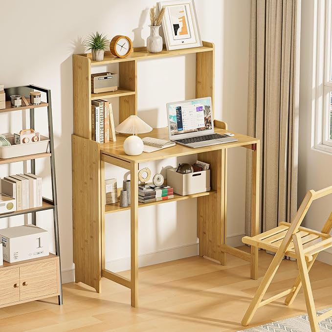 Folding Desk with Bookshelf, Compact Foldable Desk for Small Spaces,Natural | Bamboo Computer Desk with Storage Shelf, Space-Saving Home Office Desk with Hutch for Bedroom, Dorm, Apartment