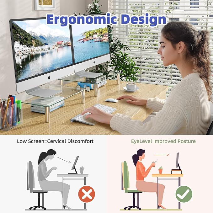 Simple Trending 2-Pack Tempered Glass Monitor Stand, Adjustable, Clear | 14.25"L x 9.5"W, height 3.5"-5", tilt 0-15°. Holds 88 lbs, impact/heat resistant. Stainless steel feet. Easy assembly.
