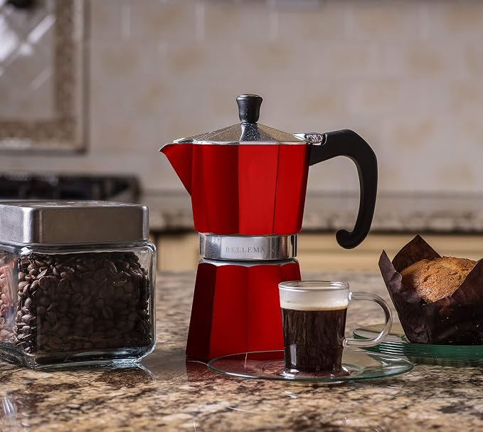 Bellemain Stovetop Espresso Maker, Italian Moka Pot, 3-Cup Red | Classic aluminum design brews rich espresso at home or camping, with an easy-to-use and easy-to-clean design.