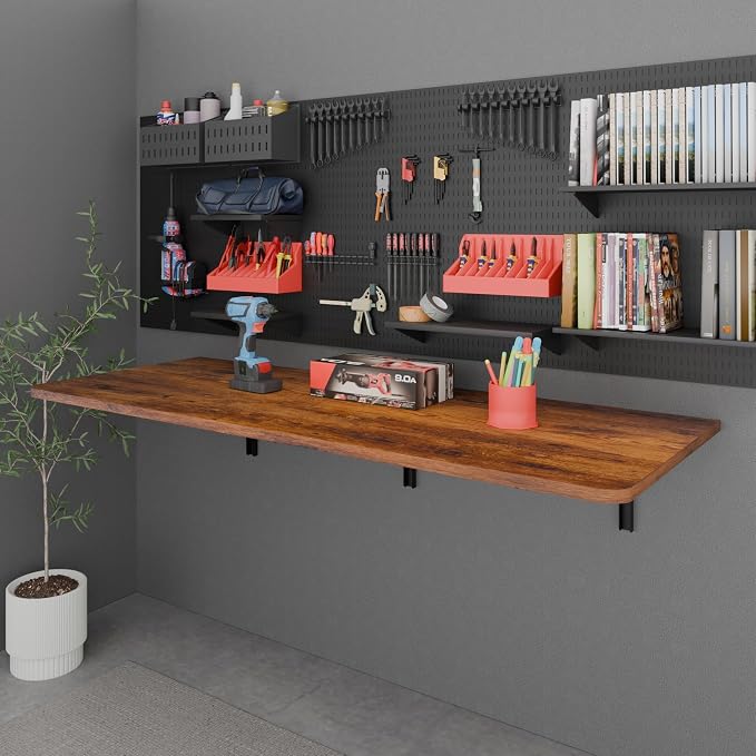 IAE 55x22in Floating Fold Desk,Wall-Mounted Folding Computer Table,Rustic | Study Table with Shelf Brackets,Foldable Down Shelf with Engineered Wood,Fold Computer Desk for Small Apartment,Holds 511 lb
