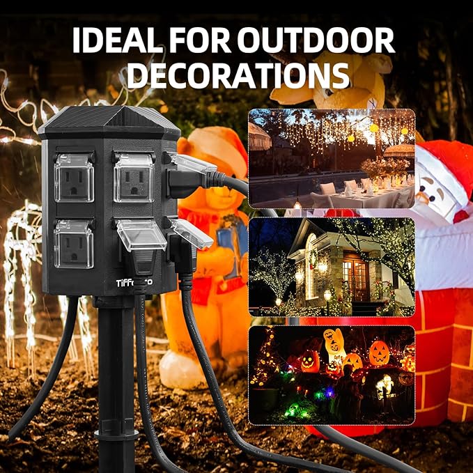 Outdoor Power Strip with 100FT Extension Cord, 100FT Remote Control, Dusk to Dawn Light Timer Waterproof, 6 Grounded Outlets for Yard, Pool and Garden, ETL Listed