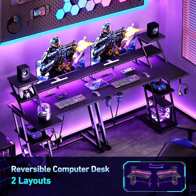 Korfile 40 Inch Gaming Desk with LED Lights & Power Outlet, L Shaped Computer Gaming Table with Storage Shelves, Reversible Corner Desk with Monitor Stand for Home Office, Carbon Fiber Black | L Shaped Computer Gaming Table, Reversible Corner Desk, Sto...
