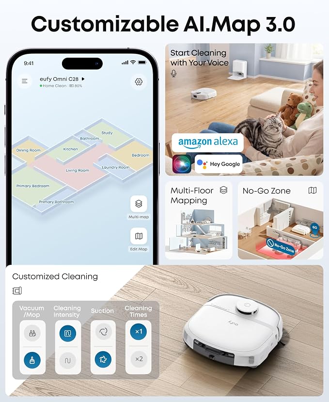 eufy C28 Robot Vacuum and Mop Combo, 15,000 Pa, HydroJet Roller Mop | Upgraded from X10 Pro, Zero-Tangle for Pet Hair, Auto Mop Washing&Drying, Self-Emptying&Refilling 2026 New, White