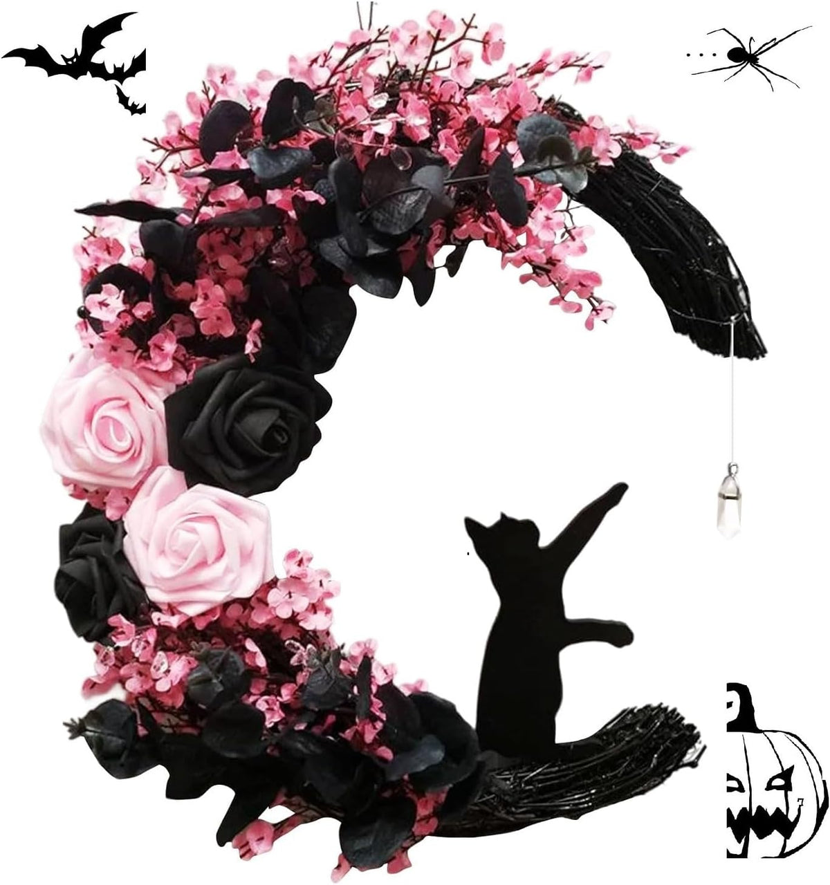 Pink Halloween Wreath with Lights, Moon Cat Wreath for Front Door