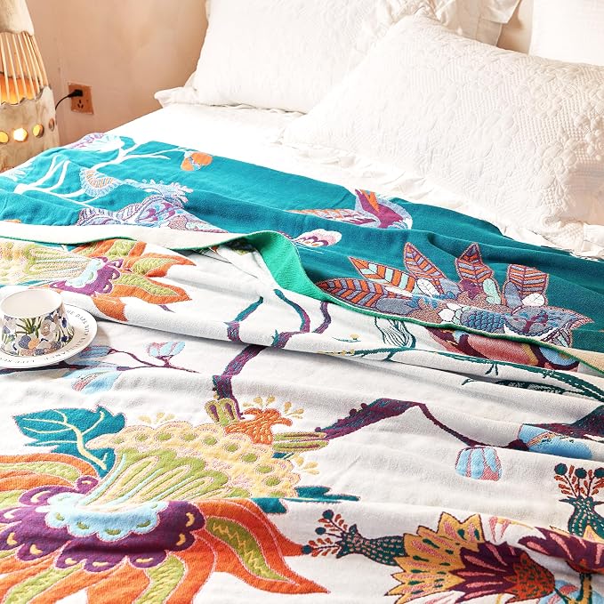 VANJOROY Boho Throw Blanket, 100% Organic Cotton Breathable Skin-Friendly Ultra Soft Bed Quilt Throw - All Season Floral Bird Farmhouse Décor Luxury Blanket for Sofa Couch Chair and Gift. 60" x 80"