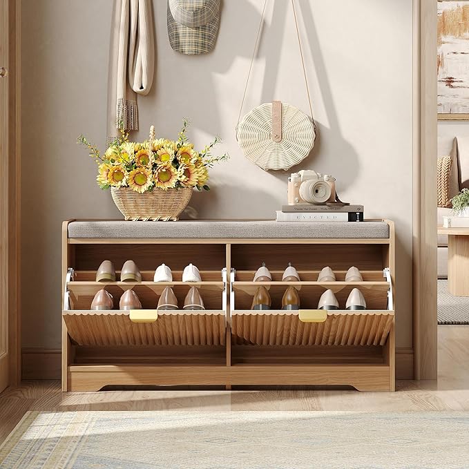 Maupvit Fluted Shoe Bench with 2 Flip-Drawers, 39.4" Narrow Entryway Bench with Shoe Storage and Seat Cushion, Adjustable Shelf, Hidden Shoe Rack Bench for Front Door Entrance, Hallway, Natural