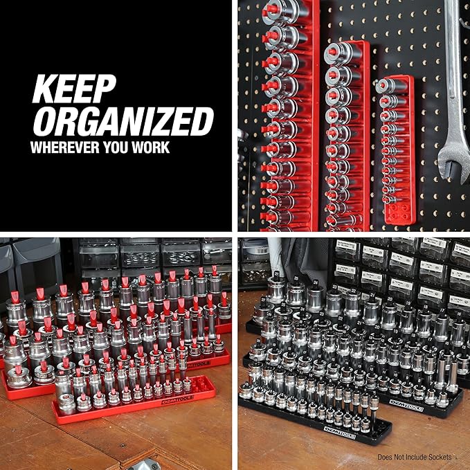 OEMTOOLS 22234 Socket Organizer, 6 Piece Socket Organizers, SAE and Metric, Socket Holders 1/4, 3/8, 1/2 Drive Sockets, Socket Holder for Toolbox, Red and Black
