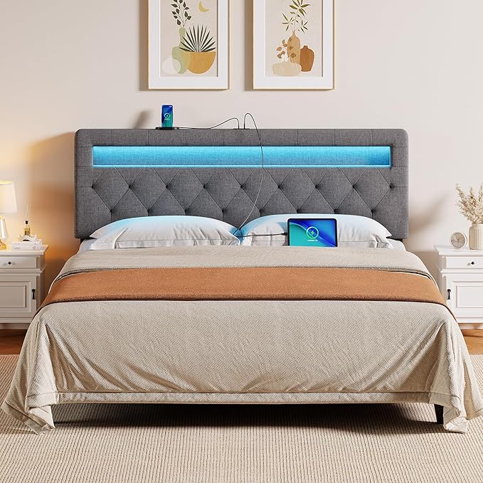 GREENSTELL Headboard for Full Size Bed with 60,000 DIY Color of LED Light, USB & Type C Post, Upholstered, Height Adjustable, Sturdy, Easy Assembly, Wall Mounted Head Boards Only, Gray