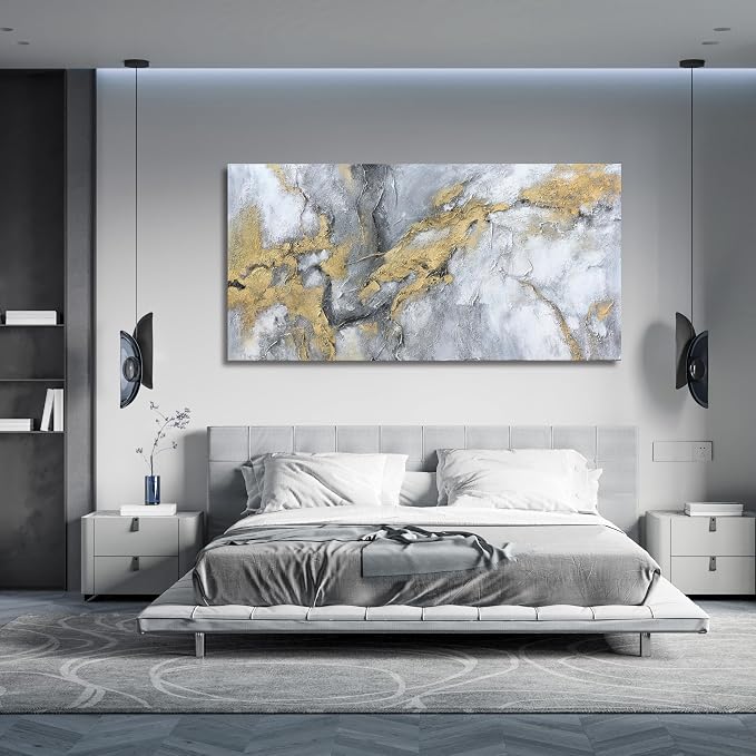 Belmrxne Abstract Art Wall Decor White and Gold Wall Art Minimalist Artwork Nouveau Canvas Painting for Living Room Kitchen Dining Room Bedroom Office 24x48 Inches