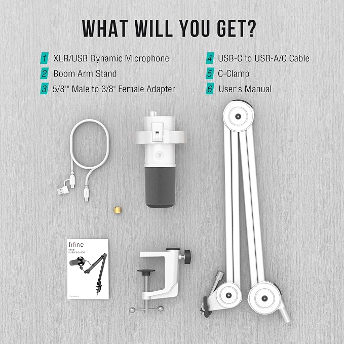 FIFINE AmpliTank K688TW Podcast XLR/USB Microphone Kit, Dynamic Vocal Mic | Studio PC Microphone with Boom Arm, Mute, Headphone Monitoring, for Recording, Streaming, Voice-Over, Online Teaching, White