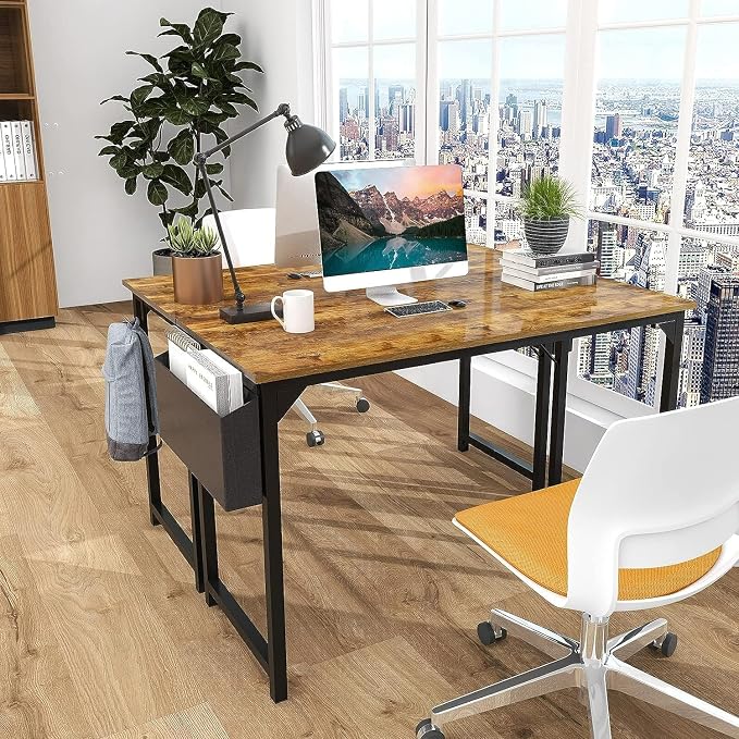 Sweetcrispy 55-Inch Small Computer Desk for Bedroom, Brown | Gaming Writing Work and Study Desk for Home Office, Sturdy Metal Frame and Compact Modern Design with X-Shaped