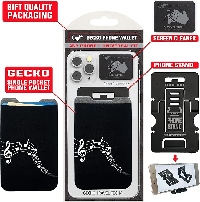 Phone Wallet - Adhesive Card Holder - Cell Phone Pouch - Stick on Lycra Pocket by Gecko - Carry Credit Cards and Cash