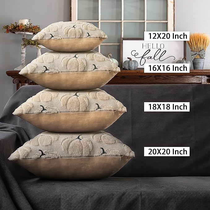 Fall Pumpkins Decorative Pillow Covers 18"x18" Set of 2, Beige Soft Plush Faux Fur Throw Cushion Cases for Autumn Thanksgiving Holiday Home Decorations