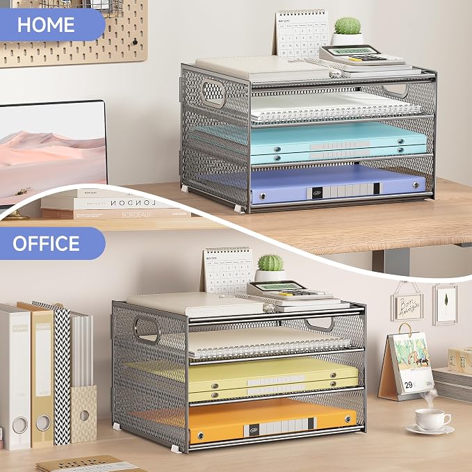 Subekyu Paper Letter Tray Organizer for Desk, Silver Metal Mesh Desk File Folder Sorter Organizer with Handle for Home Office School Supplies Organization