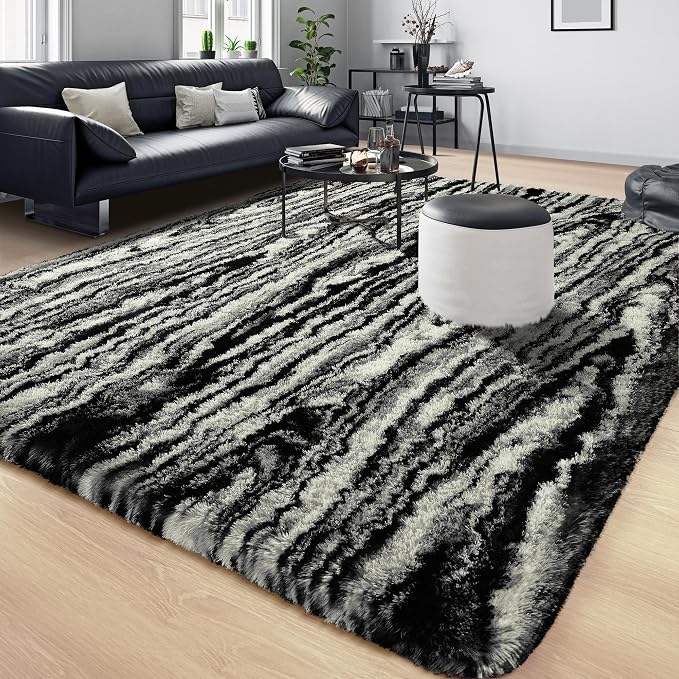 Tepook Area Rugs 9x12 for Living Room, Super Soft Fluffy Rugs for Bedroom, Modern Shaggy Rug Fuzzy Carpets for Kids, Plush Indoor Nursery Home Decor Rug with Non-Slip Bottom, Black White