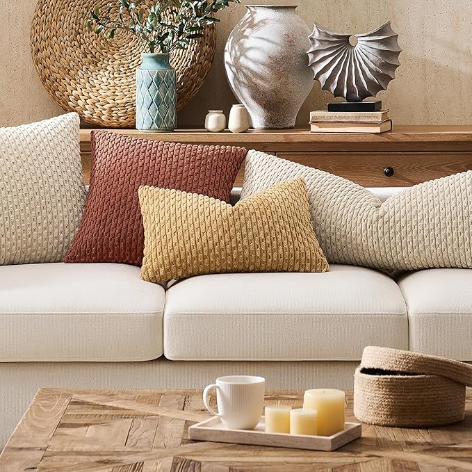 Kevin Textile Soft Corduroy 14"x22" Lumbar Pillow Cover 1 Pack, Tan | Boho Stripe Plush Corduroy Decorative Oblong Cushion Cover Modern Farmhouse Home Decor for Sofa Couch Bed Chair