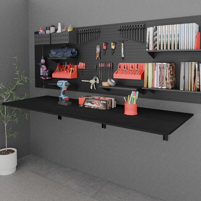 IAE 60x22in Floating Fold Desk,Wall-Mounted Folding Computer Table,Black | Study Table with Shelf Brackets,Foldable Down Shelf with Engineered Wood,Fold Computer Desk for Small Apartment,Holds 515 lb