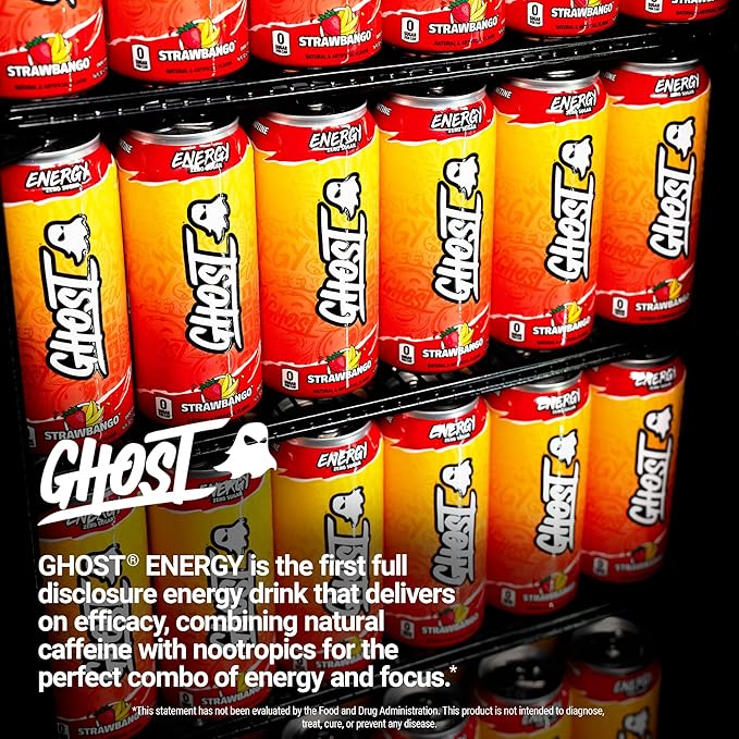 GHOST Energy Drink - 12-Pack, Strawbango, 16oz - Energy & Focus & No Artificial Colors - 200mg of Natural Caffeine, L-Carnitine & Taurine - Gluten-Free & Vegan