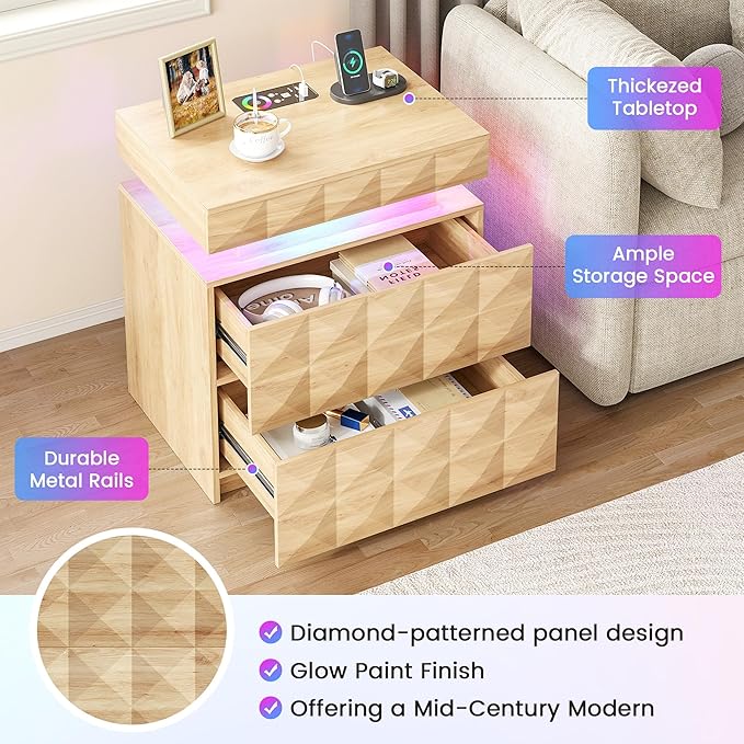 LED Nightstand Set of 2 with Charging Station,3 Drawers Night Stand with Lockable Hidden Storage,Smart Bedside Table with Human Sensor RGB Lights for Bedroom,Wood