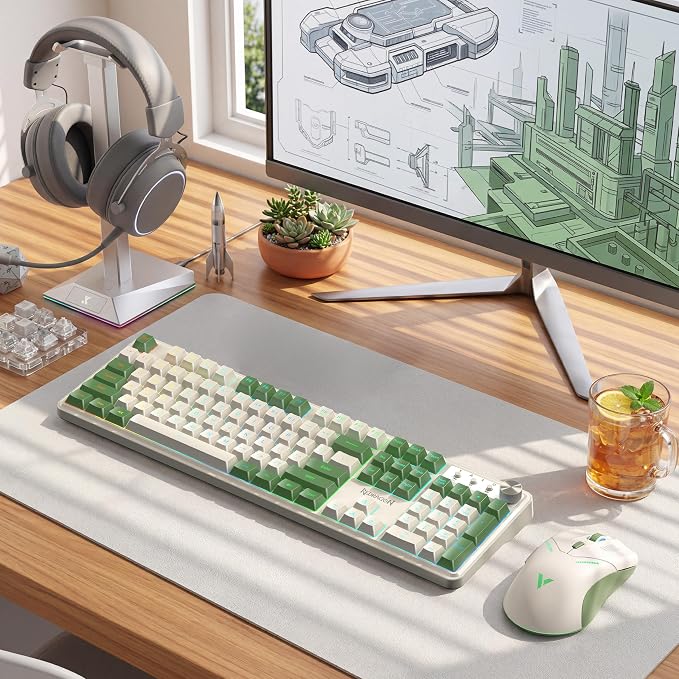 Redragon RM104 Wireless Gaming Keyboard with Knob, Tri-Mode BT/2.4G/USB-C RGB Computer Keyboards, 4000mAh Battery, Programmable Software Support, Anti-Ghosting, Compatible with PC Mac - White & Green