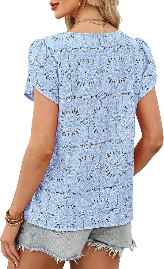 OFEEFAN Blouses for Women Dressy Casual Petal Short Sleeve Shirts Crochet Lace Boho Tops Spring Fashion Summer Outfits