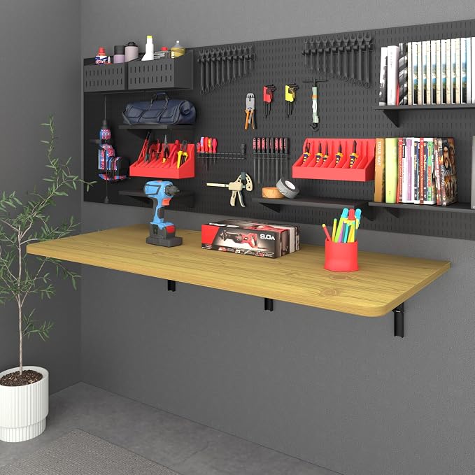 IAE 48x22in Floating Fold Desk,Wall-Mounted Folding Computer Table,Natural | Study Table with Shelf Brackets,Foldable Down Shelf with Engineered Wood,Fold Computer Desk for Small Apartment,Holds 508 lb