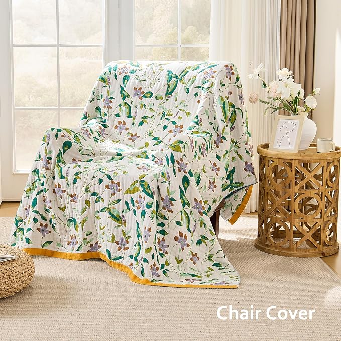 VANJOROY Boho Throw Blanket, 100% Organic Cotton Breathable Skin-Friendly Ultra Soft 60" x 80" Bed Quilt Throw - Floral Rustic Decor Luxury Reversible Blanket for Sofa Couch Chair and Gift,