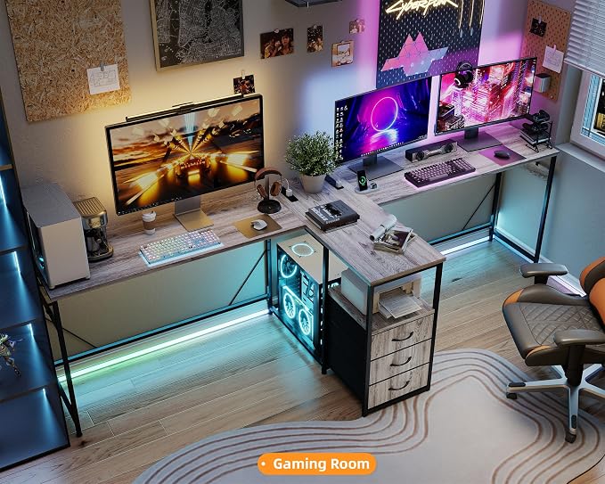 YOSHOOT 2 Person Computer Desk, 87" Long Gaming Desk for 2 People | Double Desk with 3 Fabric Drawers and 2 Power Outlets, Home Office Table for Adults and Teenagers, Grey