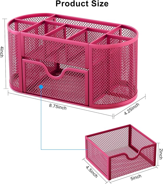 EasyPAG Mesh Pen Holder Desk Organizer with Drawer Stationery Supplies Organizer for Dorm School 9 Compartments Workspace Desk Accessories Organization for Office, Hot Pink