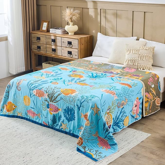 XIBLC Boho Throw Blanket 100% Cotton Vintage Blanket Muslin Woven Flower Decorative Throw Blankets All Season Bohemian Rustic Farmhouse Decor Quilt for Bed (Blue 60"x80")