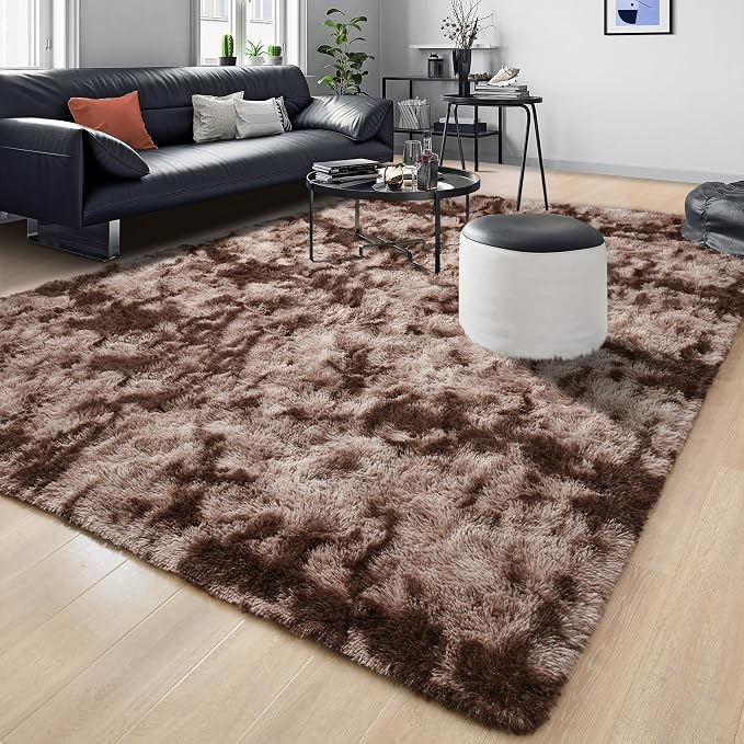 Tepook 4x6 Area Rugs for Living Room Bedroom, Soft Fluffy Plush Shaggy Girls Boys Kids Room Rug, Shag Upgrade Non-Slip Throw Carpet for Dorms Nursery Classroom Home Decor, Tie-Dyed Brown