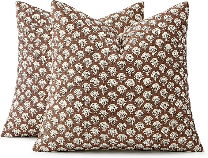 MIULEE Fall Floral Print Decorative Euro Pillow Covers 22x22, Dark Brown | Vintage Boho Farmhouse Modern Home Decor, Set of 2, Block Print Cushion Covers for Couch Sofa Bed Living Room