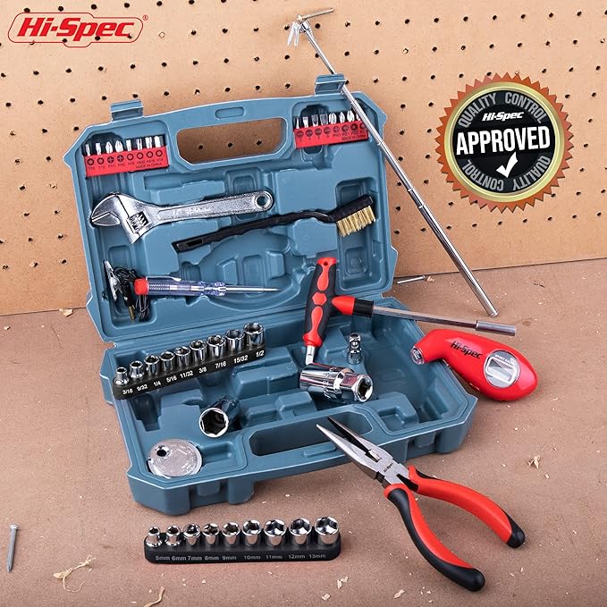 Hi-Spec 65pc Compact Auto Garage Tool Kit Set with Digital Tire Pressure Gauge. Essential Car Vehicle Repair Tools in a Toolbox Case of Screwdrivers, Sockets, Wrench and Magnetic Pickup