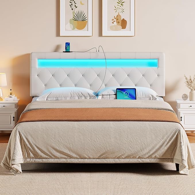 GREENSTELL Headboard for Queen Size Bed with 60,000 DIY Color of LED Light, USB & Type C Post, Upholstered, Height Adjustable, Sturdy, Easy Assembly, Wall Mounted Head Boards Only, White