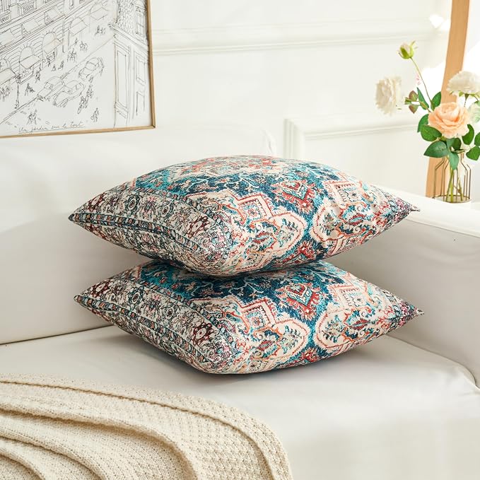 Boho Throw Pillow Covers 16x16 inch Set of 2,Boho Vintage Carpet Pattern Antique Ethnic Decor Double Sided Pattern Cushion Cover Soft Pillow Case Living Sofa Room Bed Square Pillow Cover