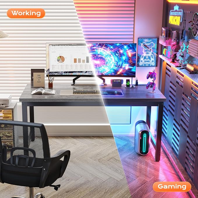 Huuger 55 x 24 inch Desk with Power Outlets & USB-C, Deeper & Thicker Desktop, Robust Metal Tubes, Computer Desk, Heavy Duty Office Desk, Work Gaming Desk for Home Office, Grey