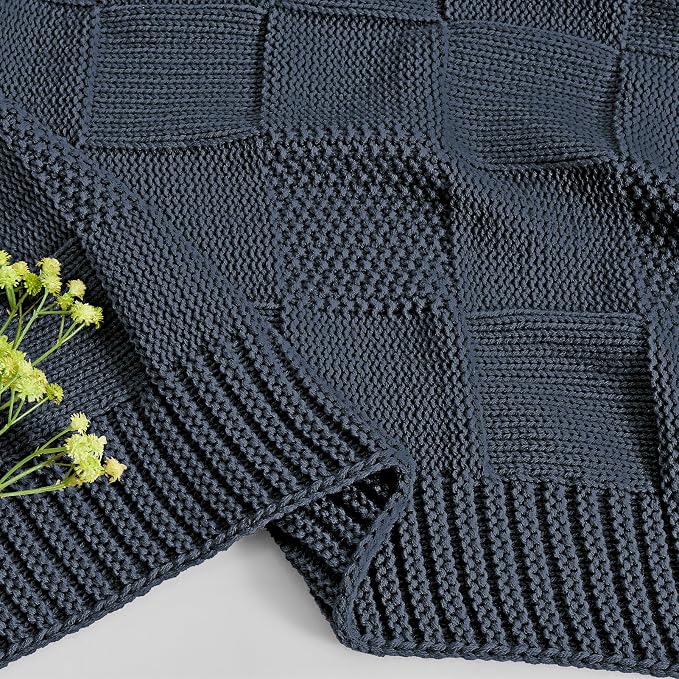 CozeCube Navy Blue Knitted Checkered Throw Blanket 50"X60" | Check Knit Throw for Couch, Decorative Christmas Soft Cozy Warm Blanket for Bed Sofa Living Room
