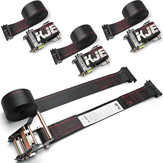 KJE E-Track Ratchet Straps, 4 Pack Black 2" x16' Heavy Duty Cargo Tie-Downs, 4500LBS Breaking Strength, Standard E Track Fitting Tie Down Ratcheting Strap for Cargo Vans, Trucks, Trailers