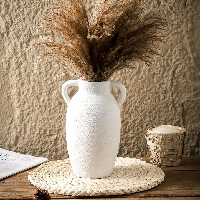 Ceramic Farmhouse Vase with 2 Handles, Boho Decorative Flower Vase for Home Decor, Living Room, Entryway, Table, Shelf Decor, 9.6 Inch