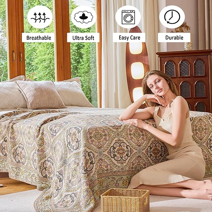 VANJOROY Boho Throw Blanket 60" x 80", 100% Organic Cotton Breathable Skin-Friendly Ultra Soft Bed Quilt Throw - Floral Rustic Decor Luxury Reversible Blanket for Sofa Couch Chair and Gift,