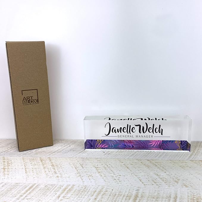 Artblox Personalized Desk Name Plate - Purple Stripe Design On Clear Acrylic Glass - Custom with Your Name and Credentials for Teacher, PhD, Military, Office