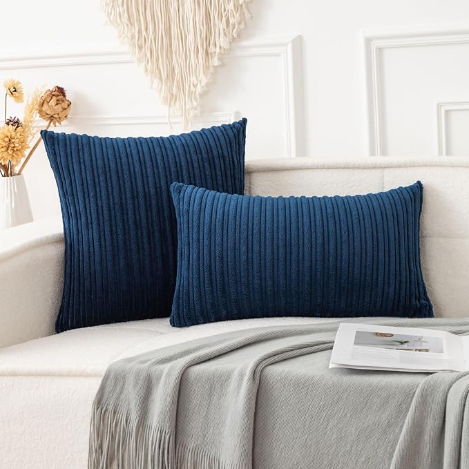 UGASA 12x24 Inch Pillow Cover Pack of 1 Soft Boho Stripe Corduroy Long Rectangle Lumbar Cushion Case Farmhouse Decorative Throw Pilowcase for Bed, Couch, Sofa, Bedroom, Living Room, Navy Blue