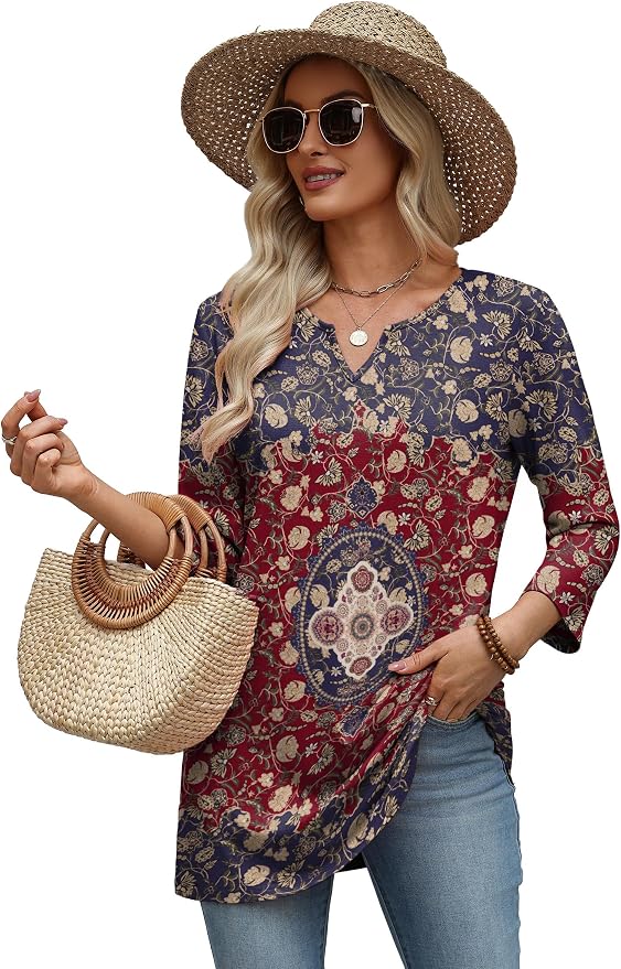 OFEEFAN Summer Boho Tops For Women 3/4 Length Sleeve Womens Tops Vacation Outfits