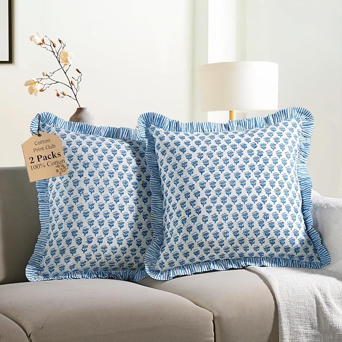 CPC Block Print Ruffle Throw Cover Apatite Blue 16"x16" Inch Pack of 2-100% Cotton Ruffle Couch Decorative Boho Pillows Case for Living Room, Bedroom, Sofa, Farmhouse Gift for Spring, Mother's Day