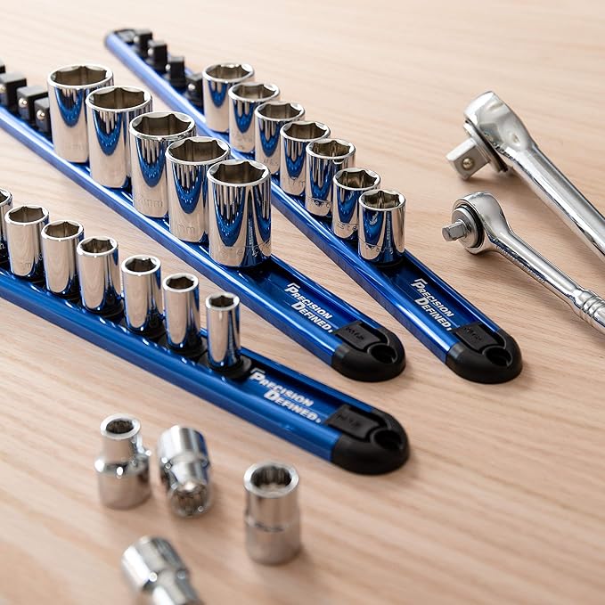 Precision Defined Aluminum Tool Socket Holder | Blue, Single 1/4-Inch Socket Organizer x 16 Clips | Heavy Duty Socket Rails Organizer, Socket Storage, Socket Tray 360 Rotation