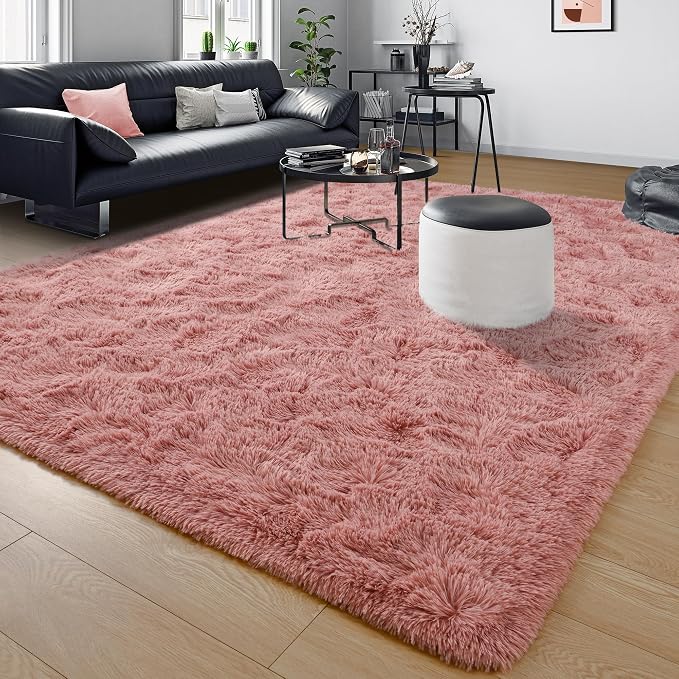 Tepook Blush Pink Area Rugs for Living Room Girls Bedroom, 4x6 Fluffy Shaggy Dusty Pink Rug for Kids Room Playroom, Plush Shag Non-Slip Carpet for Nursery Dorm Classroom, Cute Rose Beige Rug