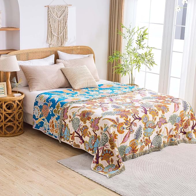 XIBLC Boho Throw Blanket for Bed, 100% Cotton Soft Rustic Quilt Fall Blanket, 50"x60" Floral Printed Farmhouse Decor Bed Blankets, All Season Rustic Reversible Bohemian Throw Quilt