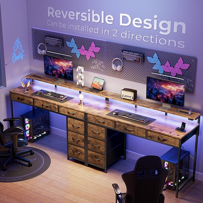 Huuger Gaming Desk with 6 Drawers, Computer Desk with LED Lights Power Outlets and Type-C, 47 Inch Office Desk with Storage, Monitor Stand, Writing Work Desk for Home Office, Rustic Brown