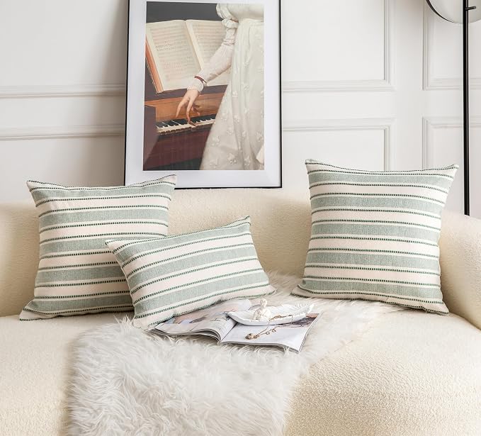 Cethom Decorative Boho Throw Pillow Covers, Farmhouse Textured Pillow Case, 18 x 18 Inch Set of 2, Chair Sofa Bedroom Living Room Home Decor Couch Cushion Case, Green and Beige Striped